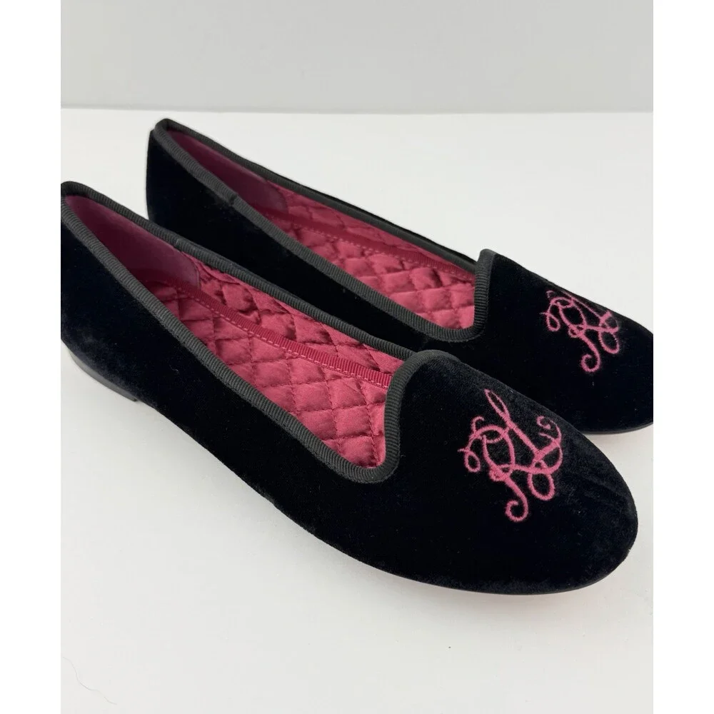 Vintage RALPH LAUREN POLO Girls Size 4 Ballet Flats Monogram RL BLK Pink Velvet